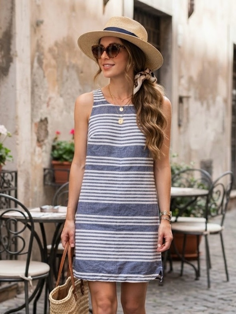 Old Navy Blue White Striped Linen Blend High Neck Shift Dress Nautical Preppy XS